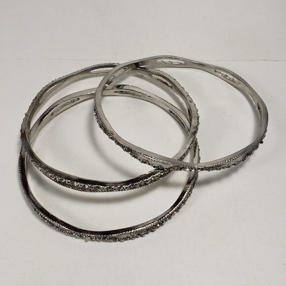Set of 3 Silver-Tone Crystal Marquise Bangles – Textured Sparkle Elegance Women - Picture 4 of 8